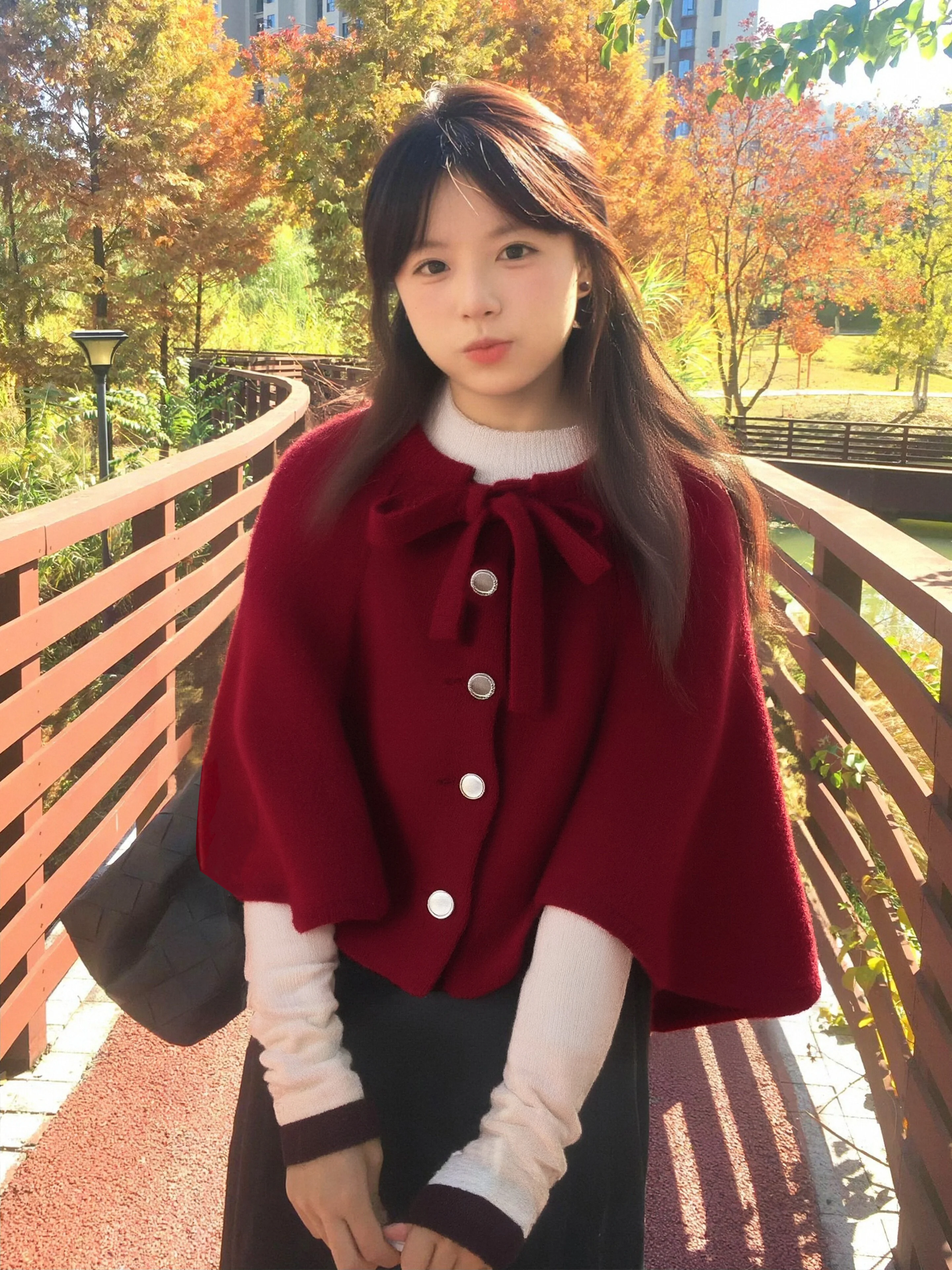 

Christmas Theme Women's Loose Knitted Sweater with Shawl Cape Knot Batwing Sleeve Red Top for New Year's Celebration