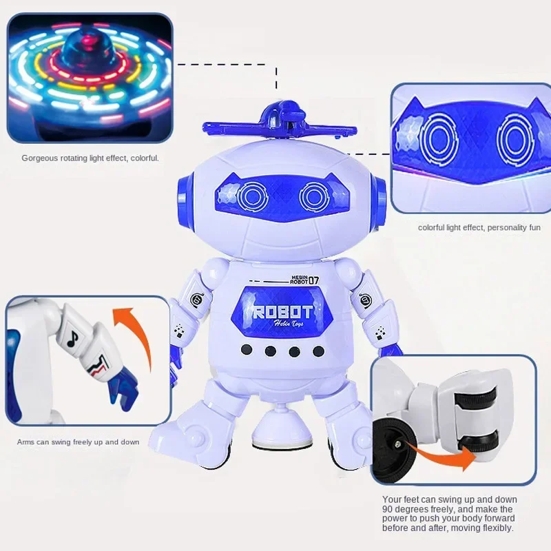 ของเล่นหุ่นยนต์ดนตรีสำหรับเด็ก หมุนเต้นได้ พร้อมไฟ LED ของเล่นอิเล็กทรอนิกส์เดินได้แบบอินเทอร์แอคทีฟ สำหรับเด็กชาย เด็กหญิง ทารก ของขวัญวันเกิด คริสต์มาส