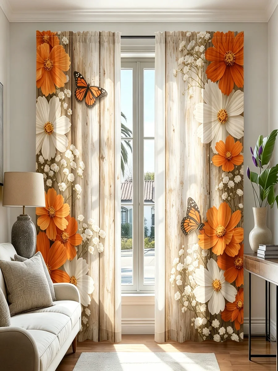 2PCS Orange White Floral Butterfly Curtains, Rustic Wood Grain Farmhouse Pattern Window Drapes for Bedroom Living Room Decor