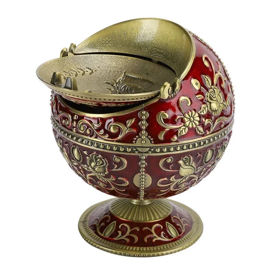 Retro Globe Ashtray Windproof  with Lid Metal Portable Cigarette Car Mini  Embossed Pattern Outdoor Indoor Gift