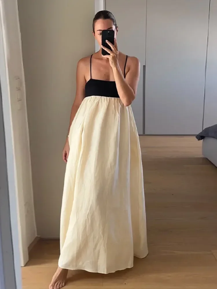 Contrast Splicing Loose Sling Long Dresses Women Square Collar Sleeveless Backless High Waist Dress 2024 Summer Lady Street Robe
