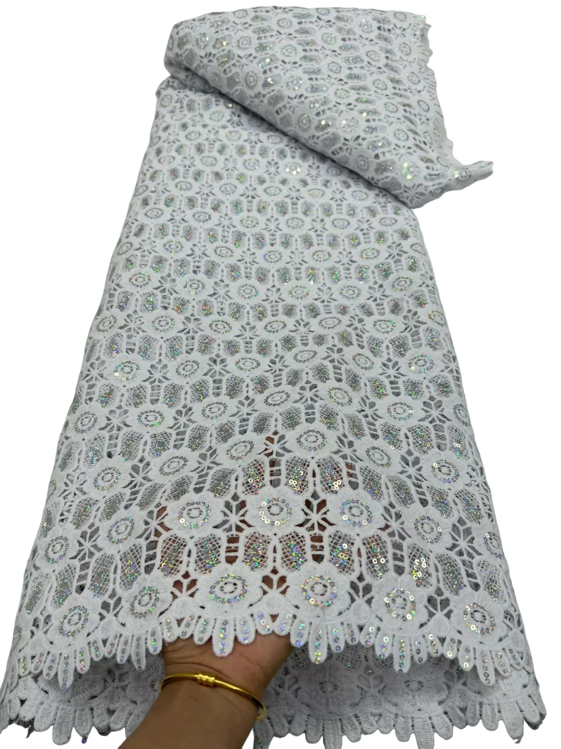 

Latest White Sequins African Guipure Cord Lace Fabric 2026 High Quality Nigerian Water Soluble Lace Fabric For Party Dress 739