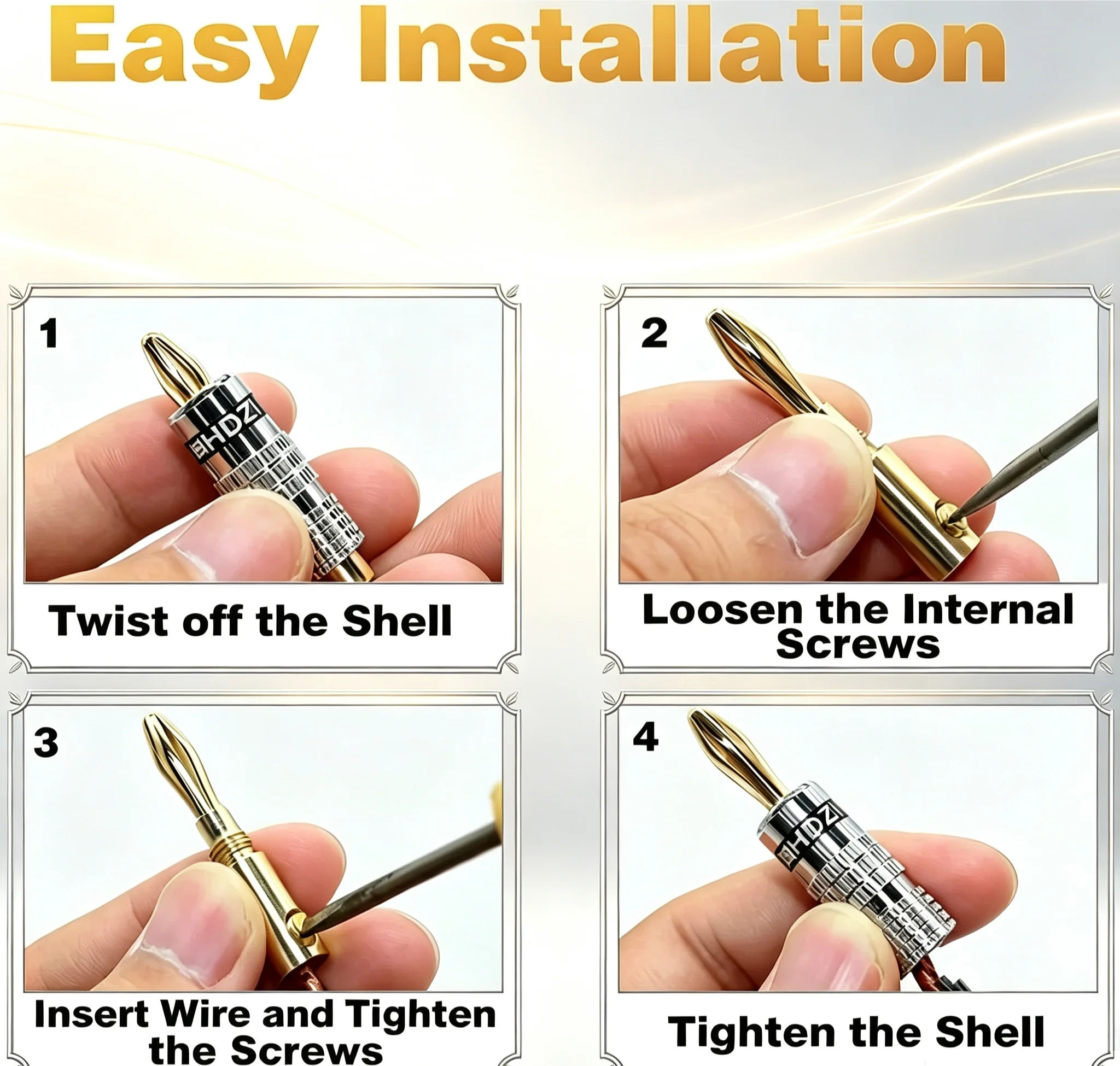 HHDZI 24K Gold Plated Banana Plug Aluminum Shell Screw Lock Audio Connector for 12-18 AWG Speaker Wire HiFi Amplifier