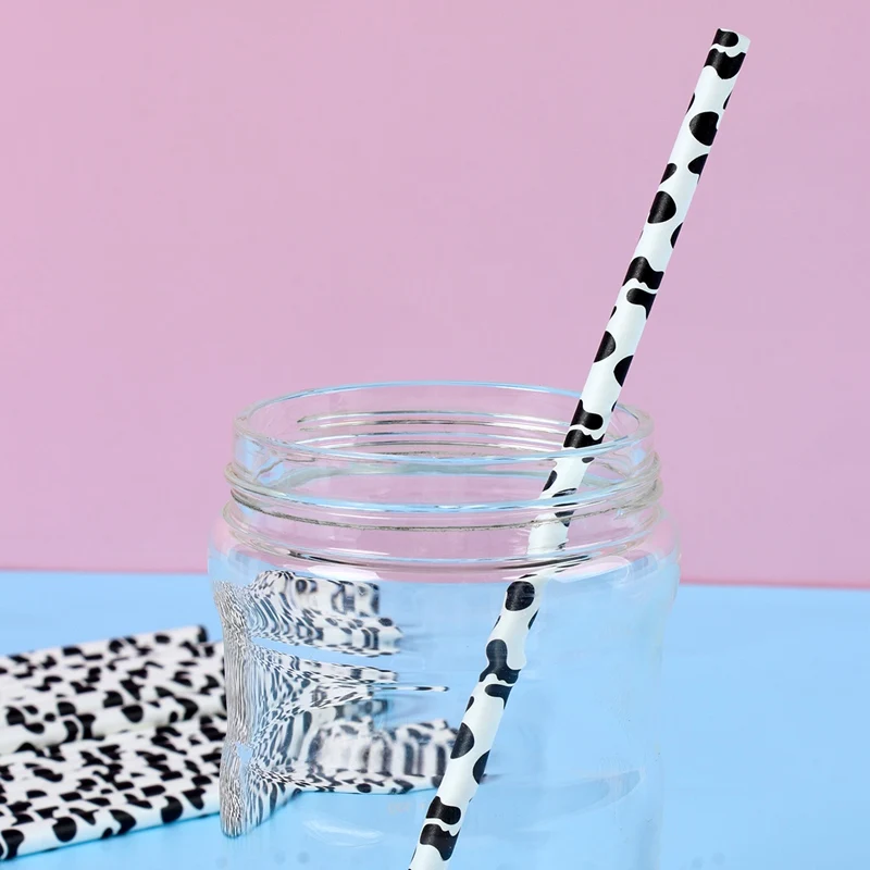 25pcs Black White Cow Pattern Paper Drinking Straw Jungle Farm Theme Party Decor Straws Kids Craft Cow Milk Juice Supplies