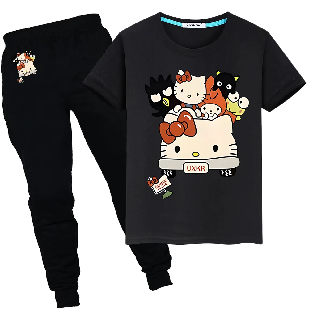 

hello kitty Print 100%Cotton T-shirt Summer Cute Sports Sets Short+pant Kawaii anime Tshirts kid holiday gift boys girls clothes