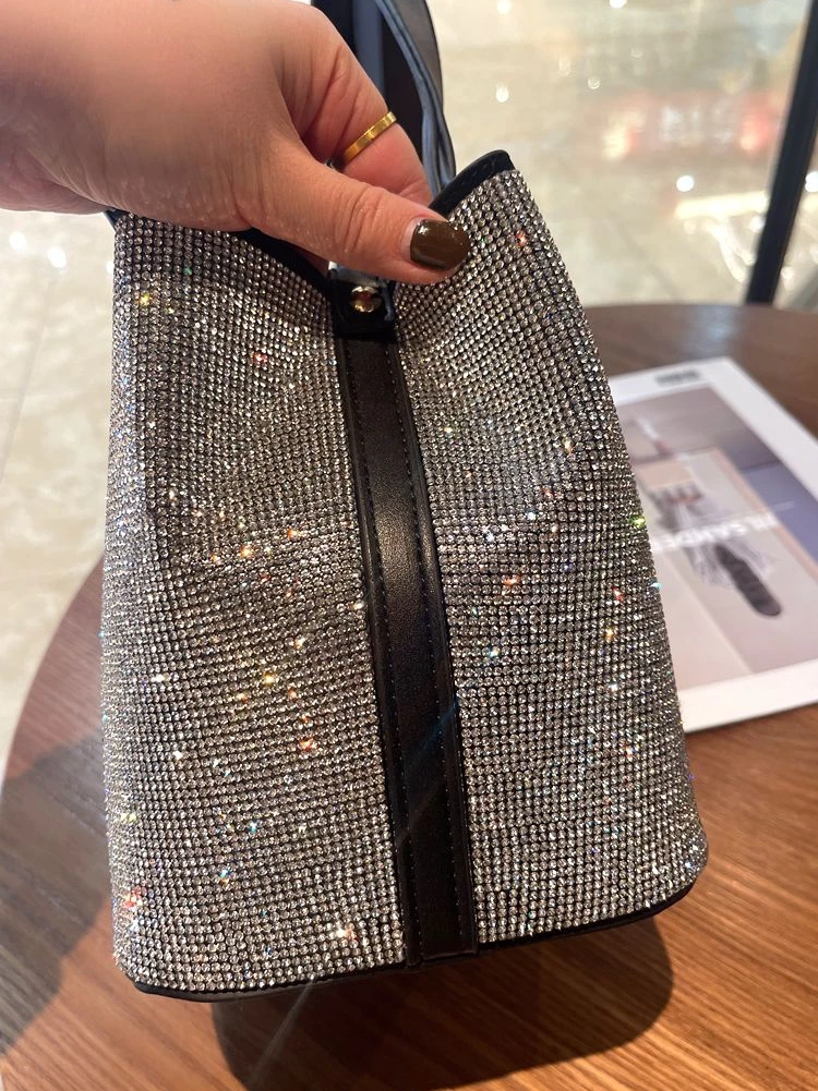 Rhinestone Diamond Bucket Bag Textured Leather Women Handbag Evening Bag Wedding Party Bling Clutch Purse Shoulder Messenger Bag