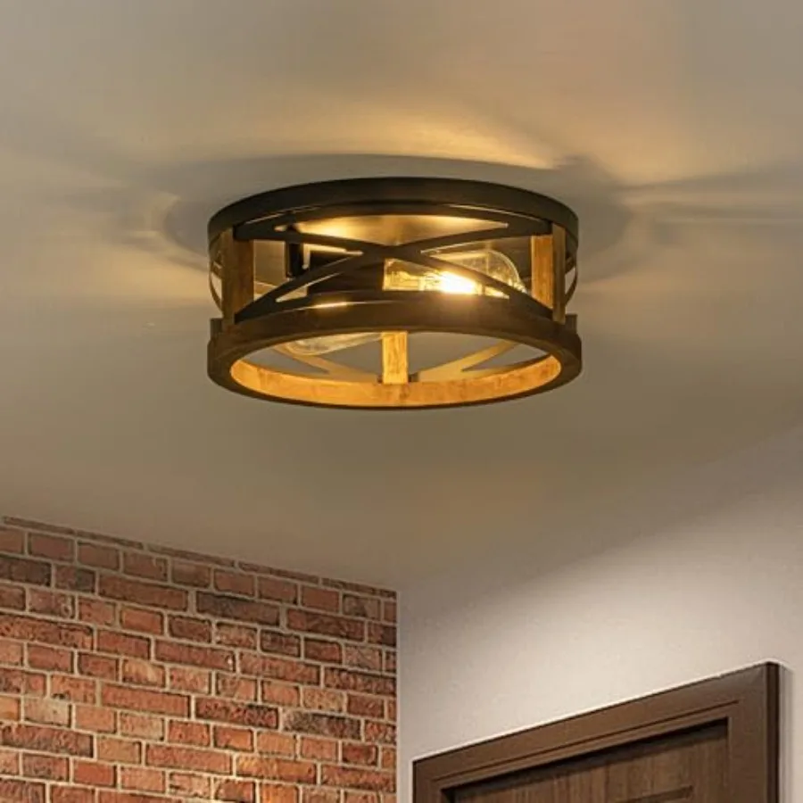 Farmhouse Ceiling Light, 2-Light Round Flush Mount Ceiling Light with Wood and Metal Frame, Black Rustic Light Fixture for Hall
