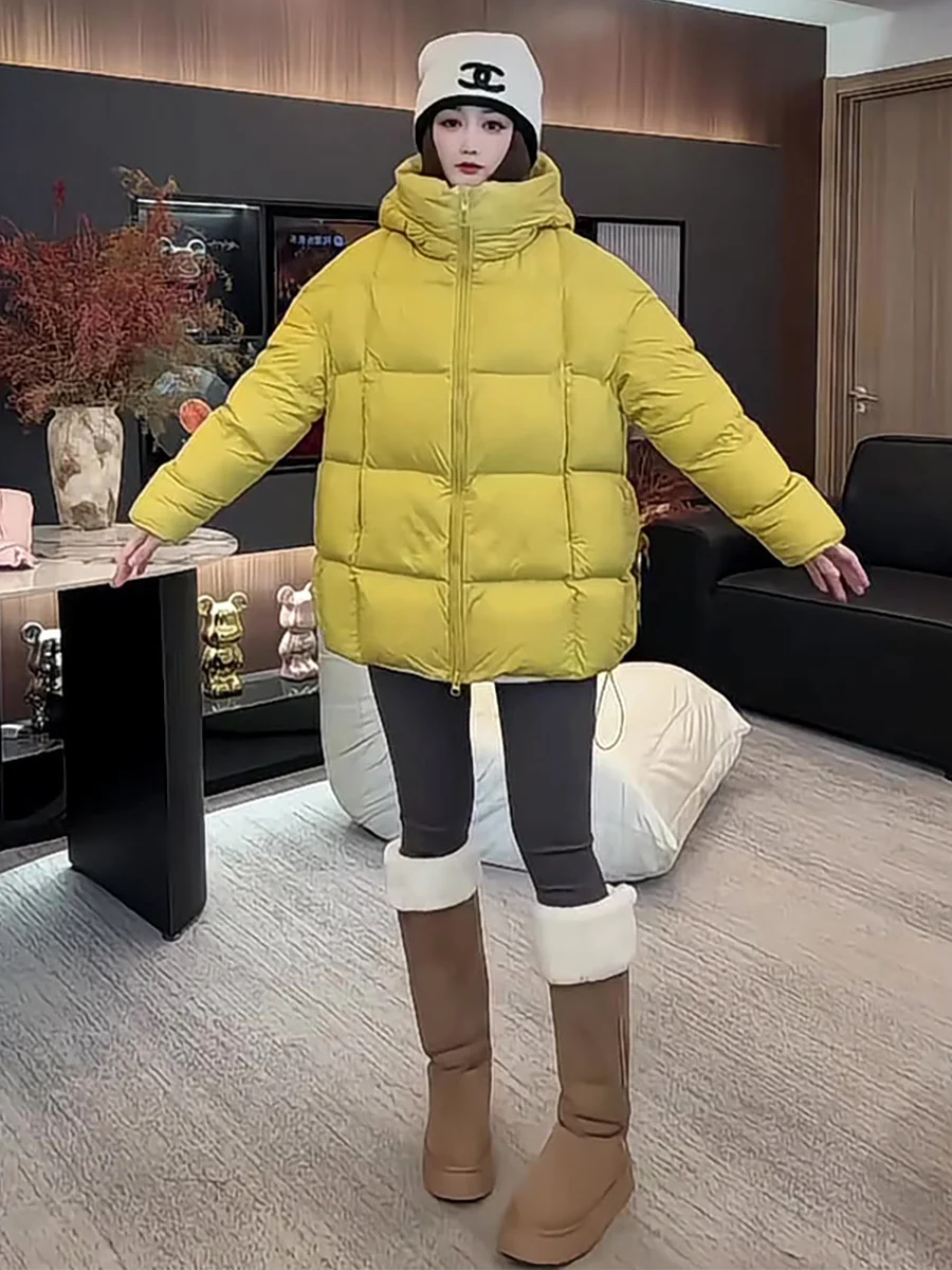 도프네 옐로우 후드 미드-길이 여성용 다운 재킷 따뜻하고 편안한 퍼핀 디자인 한국 스타일 롱 슬리브 지퍼