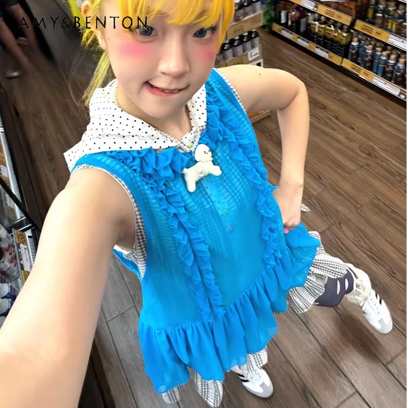 

Japanese Heavy Industry Lake Blue Sleeveless Women's Dress Original Lace Chiffon Versatile Sweet Cute Age-reducing Dresses Girl