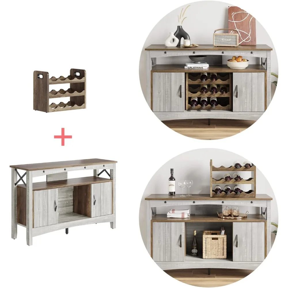 Wine Bar Cabinet with Detachable Wine Rack, Farmhouse Coffee Bar Table with LED Lights & Adjustable Shelves, Sideboard Cabinet