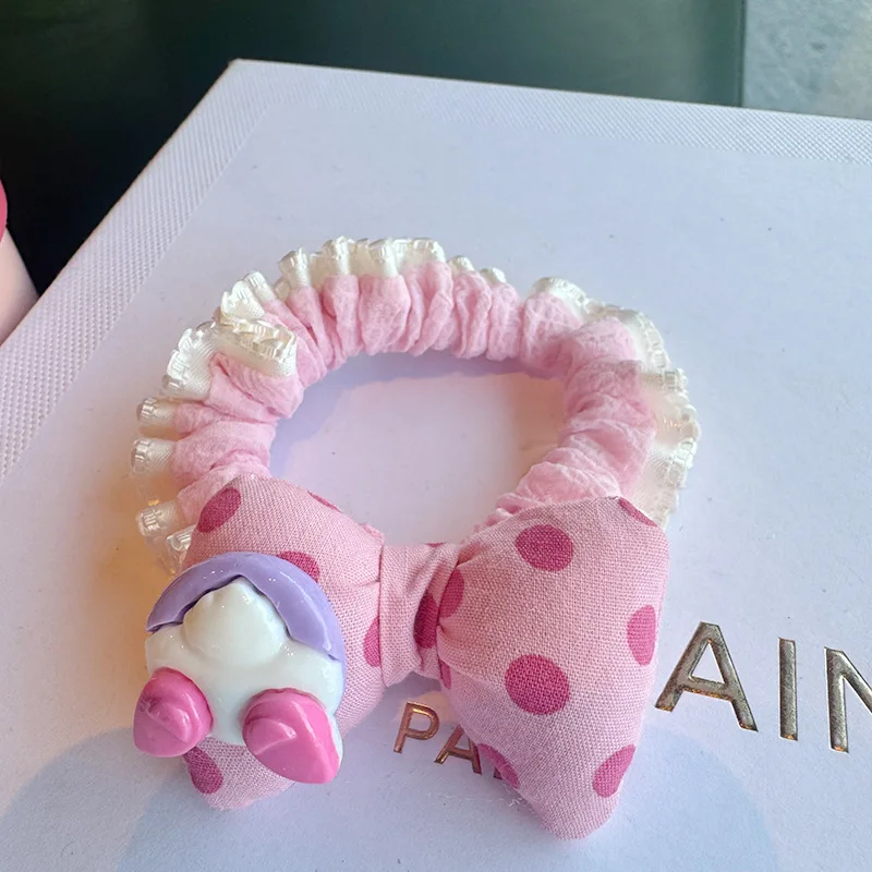 حبل شعر من الدانتيل بفيونكة منقطة ثلاثية الأبعاد من Miniso للنساء، حبل رأس عالي المرونة ومتين، حلقة شعر متعددة الاستخدامات