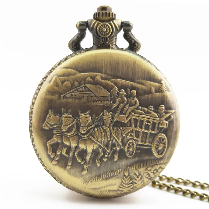 Ancient Carriage Pocket Watch Fob Chain Necklace Watch Train Horse Engrave Flip Bronze Locket Watch Hour Time Clock