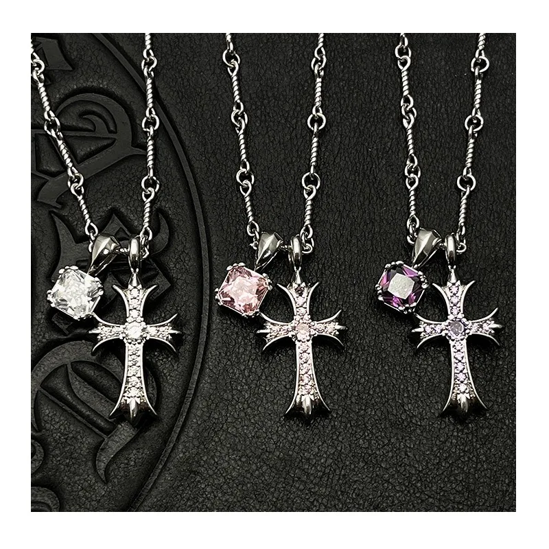 

Accessories Thai Silver Sugar Cube Colored Diamond Large Cross Double Pendant Necklace Sweater Chain Premium Autumn and Winter A