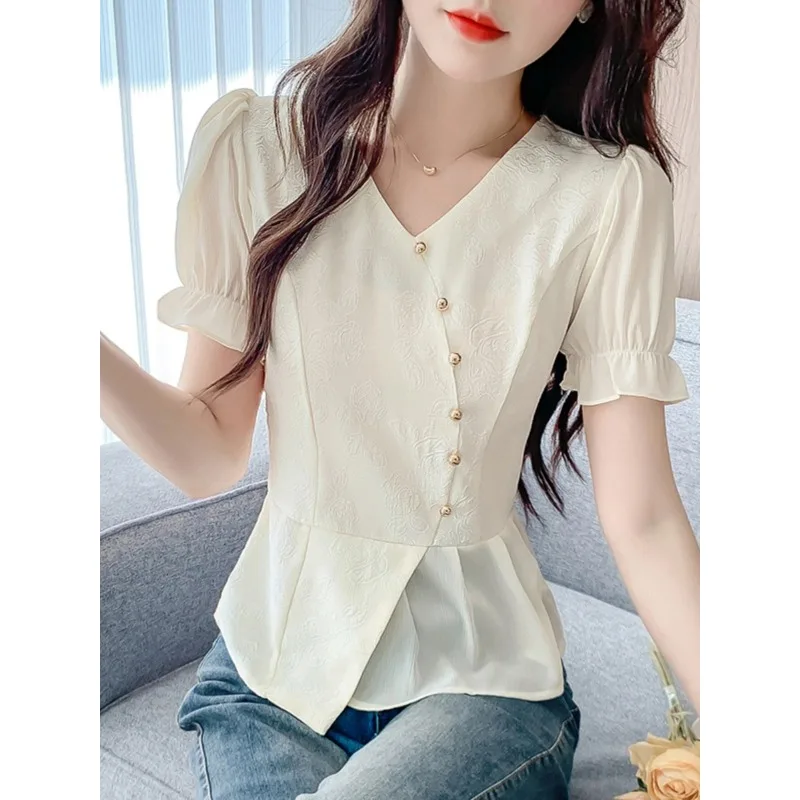 

Элегантная французская шифоновая блузка с V-образным вырезом, женская летняя текстурированная блузка с пышными рукавами и баской, приталенная, с асимметричным подолом, повседневная рубашка
