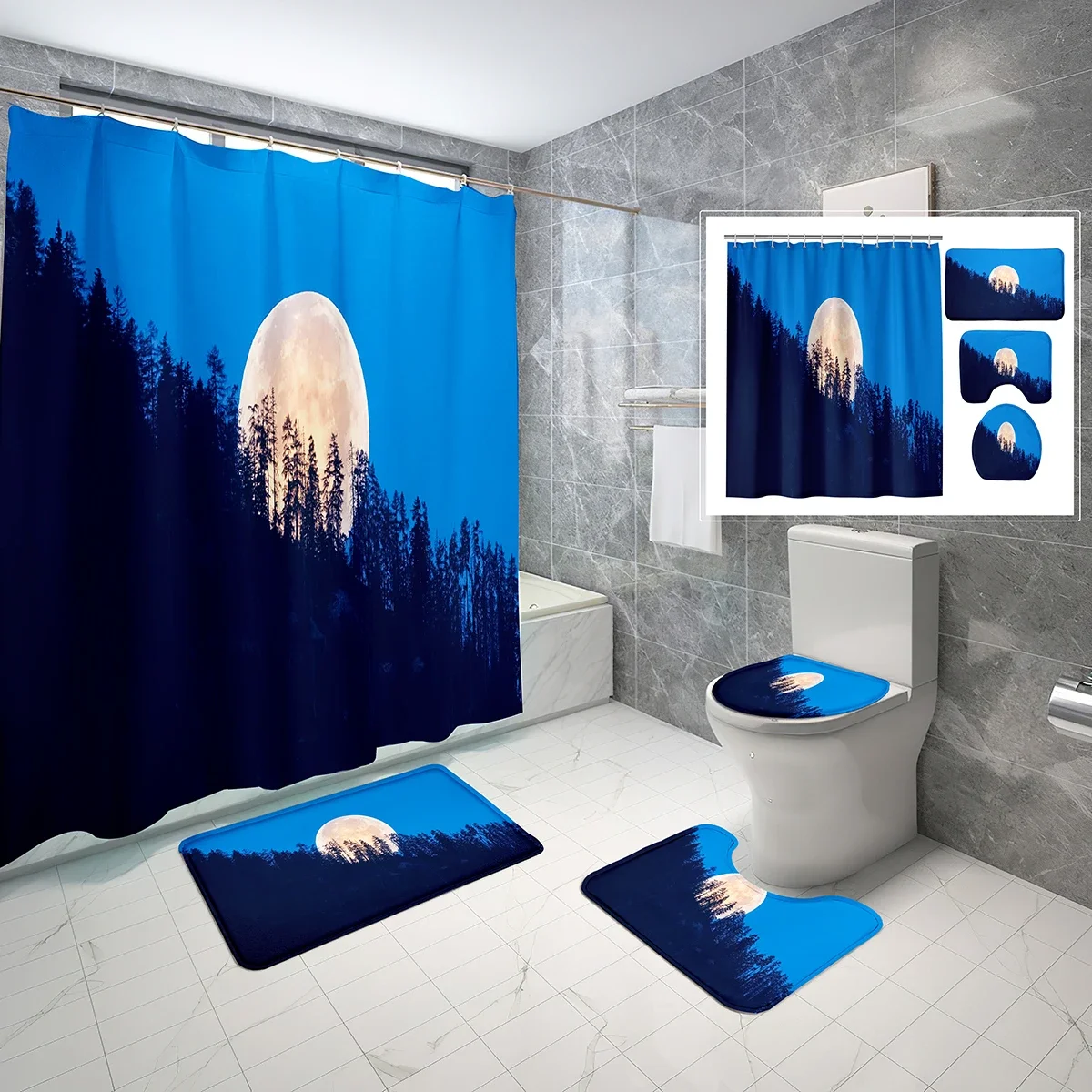 4 Pcs Moon Shower Curtain Set Water Midnight Scenery Shower Curtain Bathroom Non-Slip Bath Mat Toilet Cover Shower Curtain Set