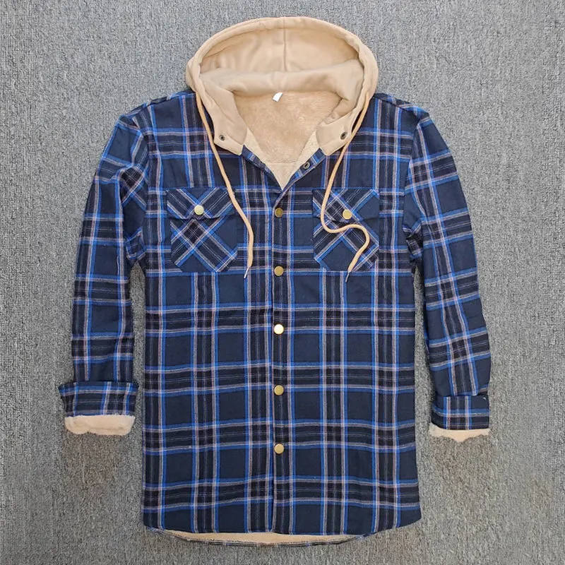 Men Fleece Plaid Shirt Jacket Winter Thermal Lined Flannel Hooded Jacket Soft Warm Outdoor Sports Shirts Male Casual Jackets