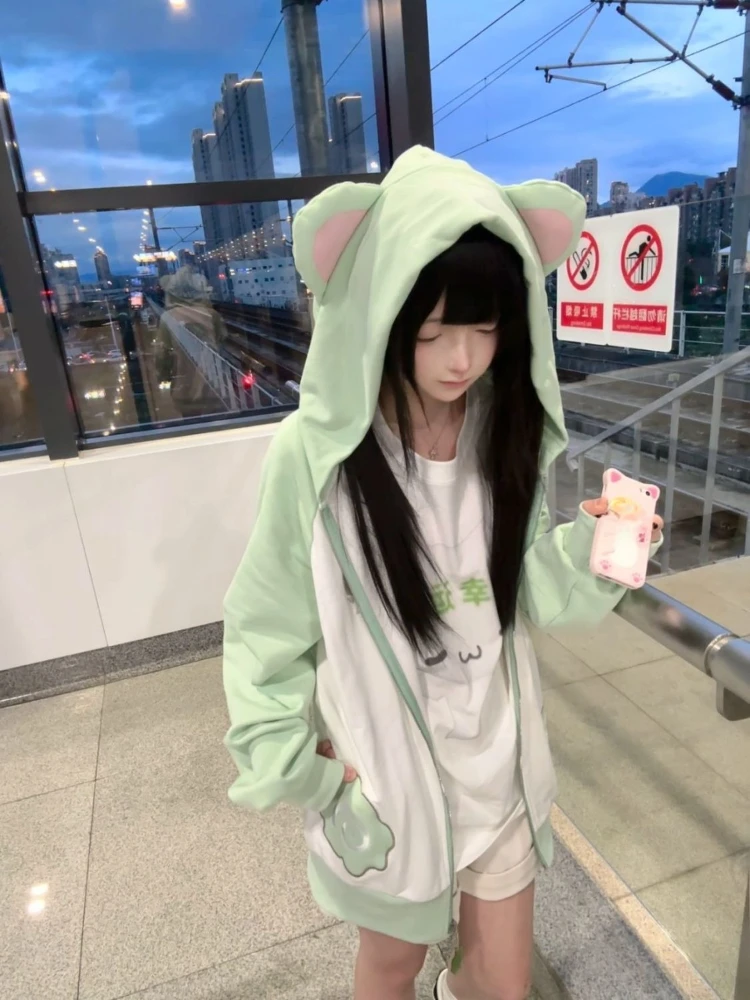 Y2k Harajuku Vintage dulce niñas sudaderas con capucha Japón Kawaii estampado de dibujos animados de manga larga con capucha cremallera abrigos mujeres Linda chaqueta elegante de los años 2000