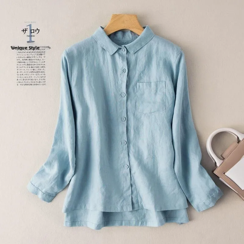 

Spring 2026 Women's Loose Cotton Linen Shirt Thin Long Sleeve Top Hong Kong Style Artistic Loose Fit Female Outerwear