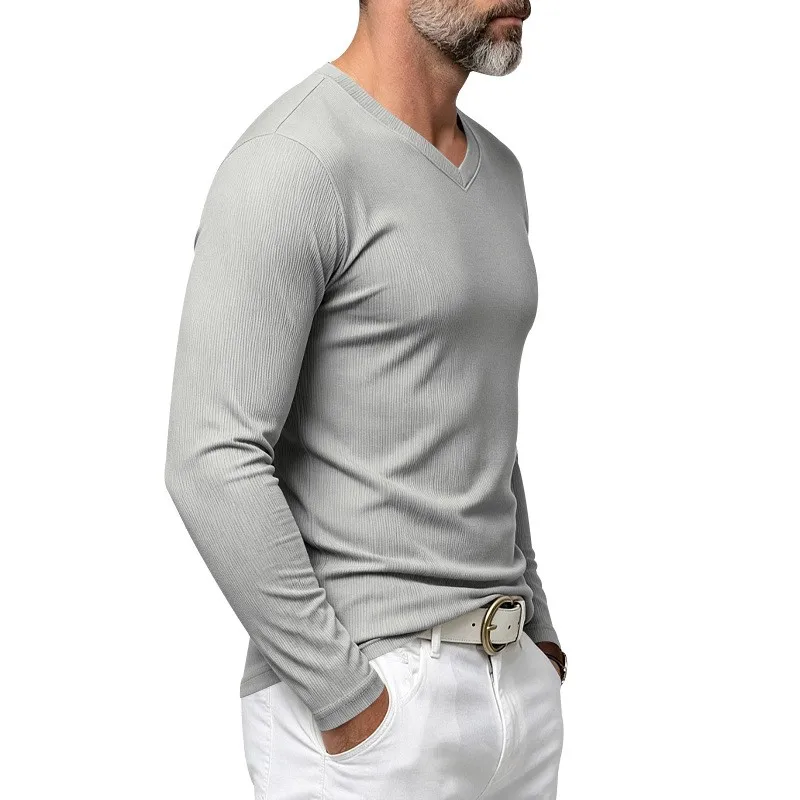 Herren Einteiliges Herbst- und Winter-Unterhemd mit V-Ausschnitt, Lässiges Loses Strick-Langarm-T-Shirt, Weiches und Dehnbares Basic-Layering-Oberteil – Detail 12