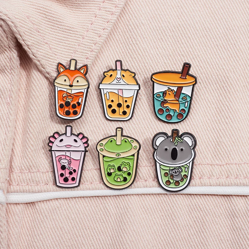 Cartoon Frog Fox Animals Enamel Pins Cute Milk Tea Brooches Kawaii Salamander Capybara Koala Badges Backpack Lapel Jewelry Gifts