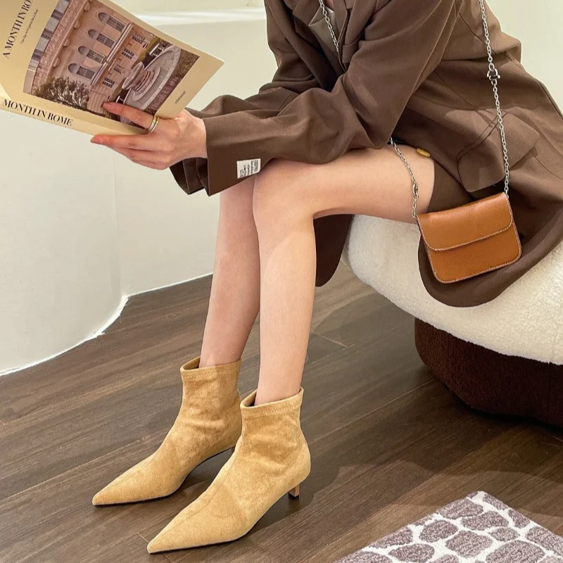 2024 New Women\'s Ankle Boots Fashion Slip-on Ladies Elegant Short Boots Stiletto Heel Chelsea Shoes