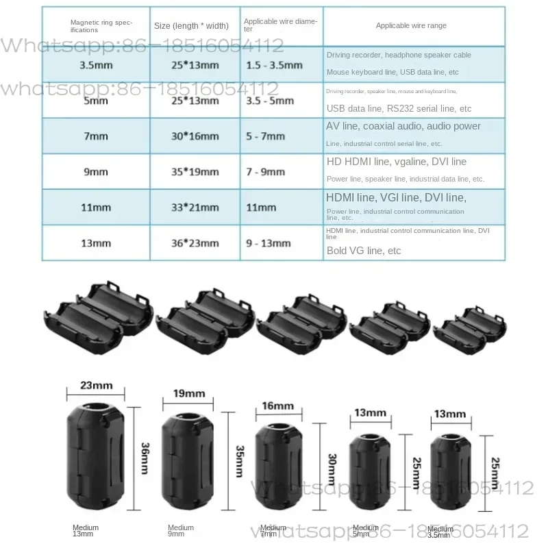 10Pcs magnetic ring filter anti-interference, shielding, removable EMC inner diameter 3---27MM snap-on degaussing filter