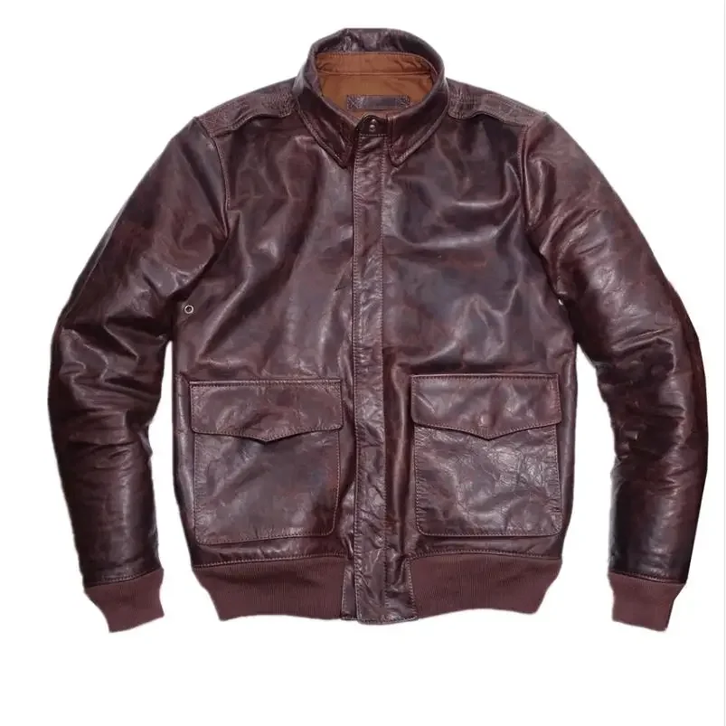 LNY SHop Top.Soft horsehide A2 jacket.vinatge tanned genuine leather cloth.Brand Plus size brown leather cloth.Spring.Biker