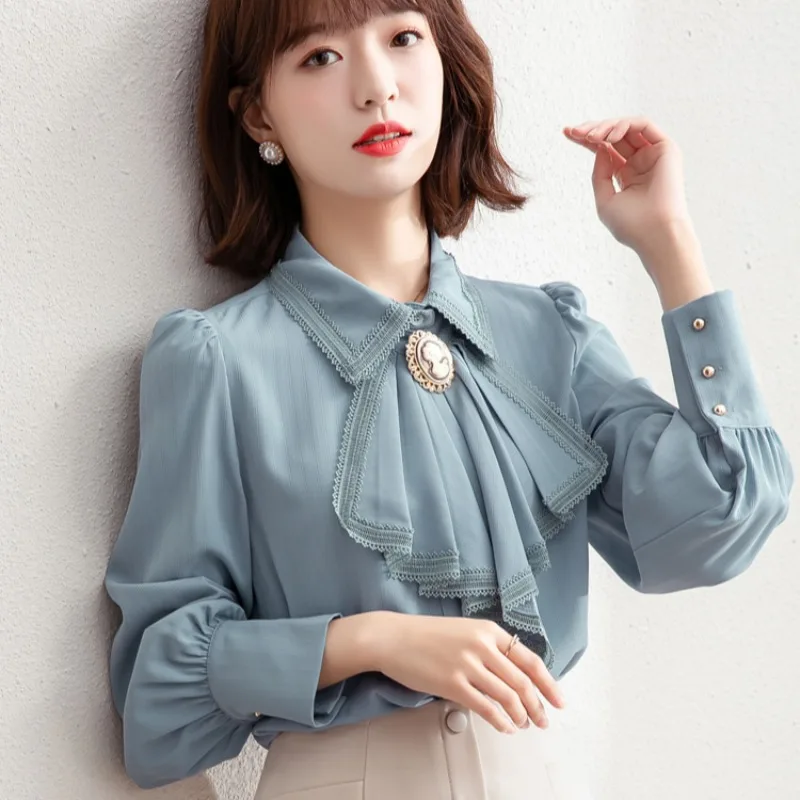 Spring Lace Trim Ruffle Stitching Palace Blouse Women Long Puff Sleeve Buttons Lolita Top Peter Pan Collar Chiffon France Shirt