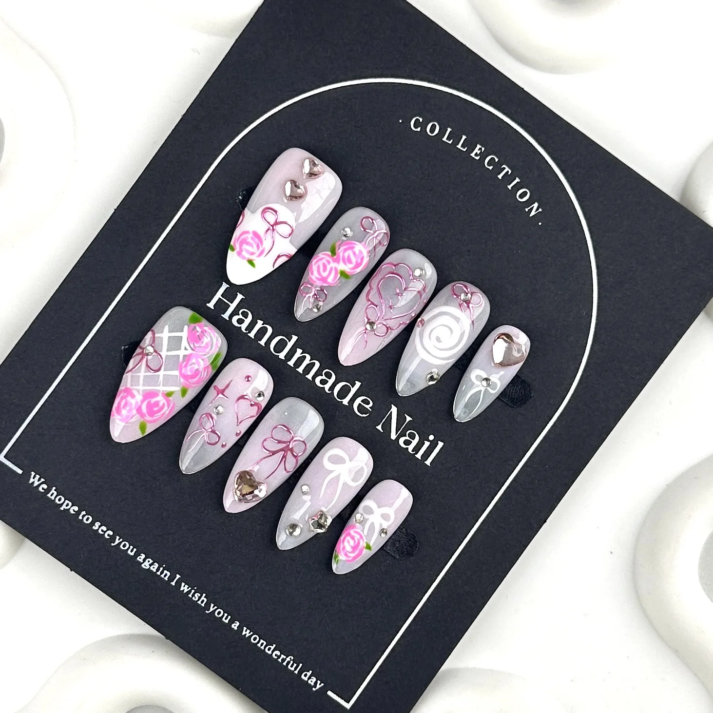 Handmade Press on Nails INS Hand Painted Bow Butterfly False Nails Wearable Full Cover Sweet Cool French Almond Fake Nail Tips