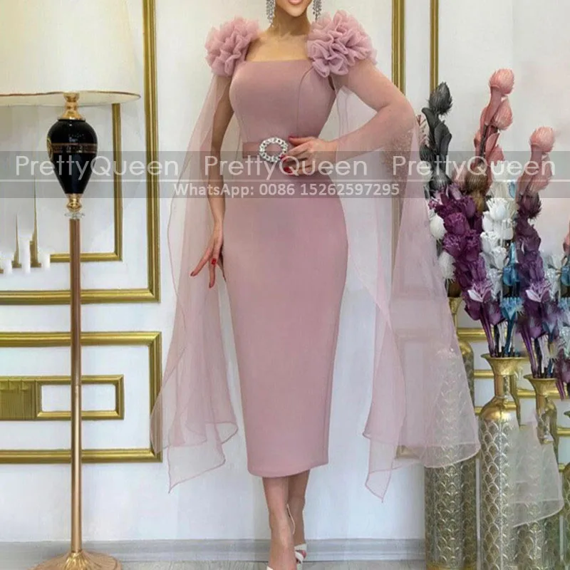 Tea Length Sheath Mother of the Bride Dresses Customized Puffy Short Sleeves Cloak Square Neck Mermaid Long Evening Dress Party