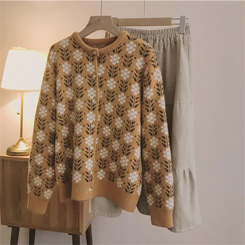 Spring Autumn Vintage Jacquard Women Loose Round Neck Knit Cardigan Sweater Jacket Long Sleeve Casual Ladies Short Knitwear Coat