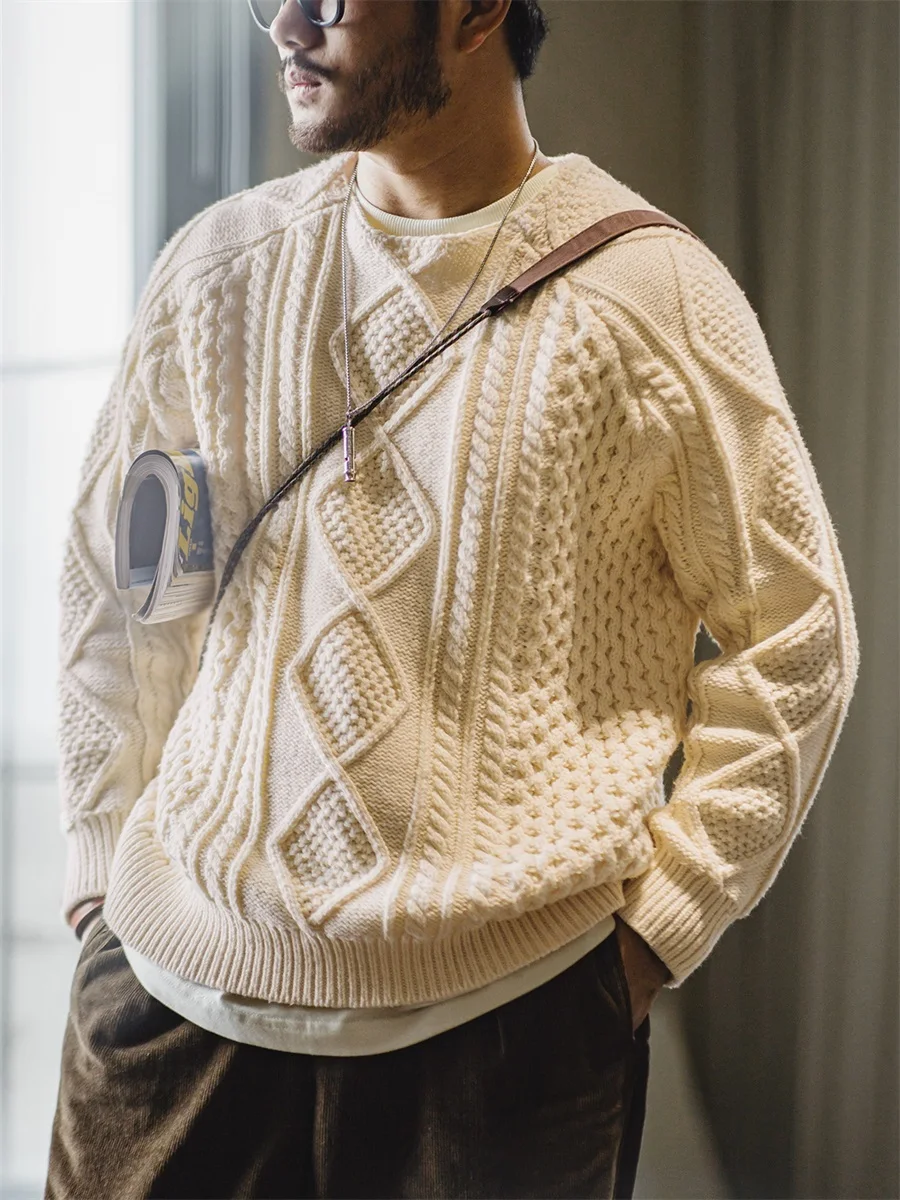 

Мужской свитер Maden American Retro Twisted Alan Knit с круглым вырезом, утолщенный, с длинными рукавами, повседневный трикотаж для весеннего сезона