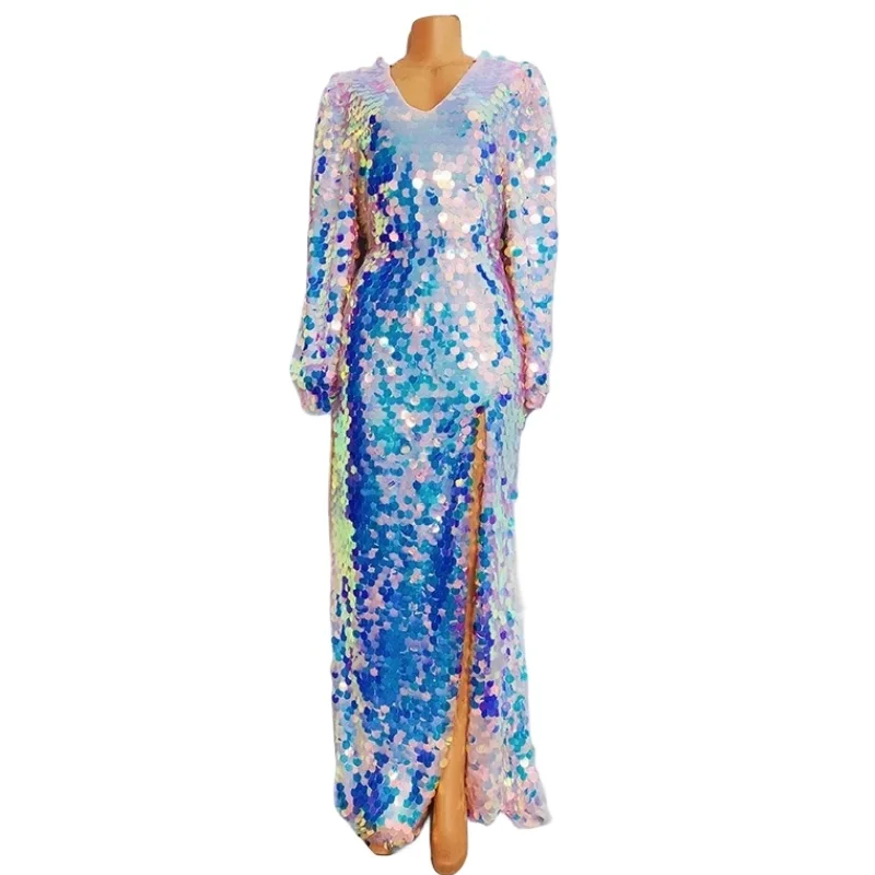 

Purple Blue Sequins V-neck Split Long Dress Women Singer Bar Concert Drag Queen Costume Evening Party Celebrate Prom Stage Gown