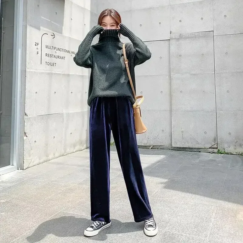 Straight Velour Women Pants High Waist Casual Wide Legs Pants Black Purple Loose Female Fashion Trousers New Autumn Clothes