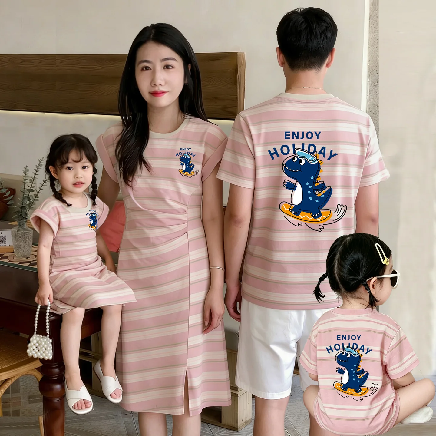

Summer Family Matching Outfits Cartoon Dinosaur Print Striped T-Shirts & Dresses Casual Cotton Set for Mom Dad Baby Daily Wear