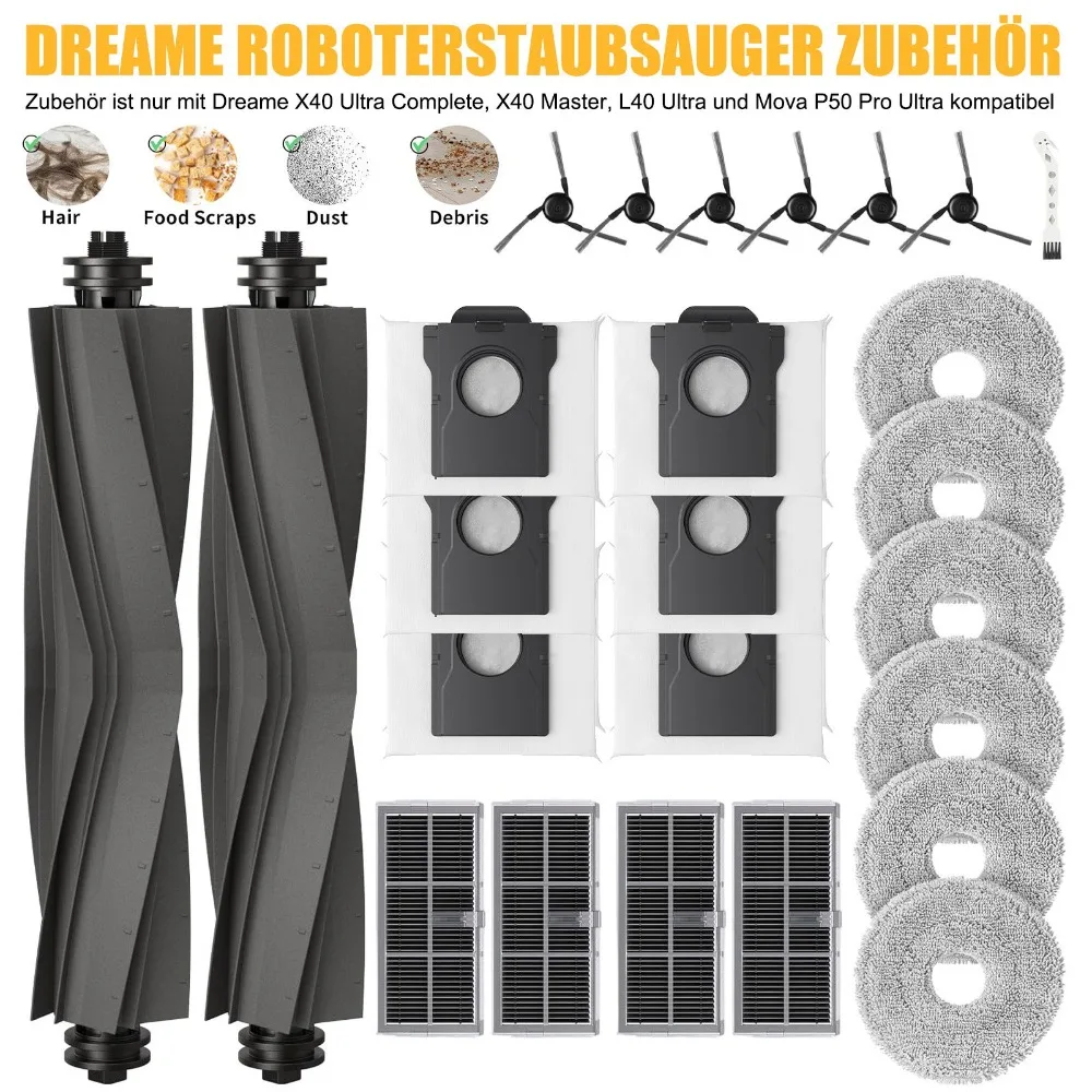 Zestaw akcesoriów do robota sprzątającego Dreame, 25 elementów, części zamienne do modeli X40 Ultra Complete/X40 Master/L40 Ultra/Mova P50 Pro Ultra, zawiera: główną szczotkę, filtr, ściereczkę do