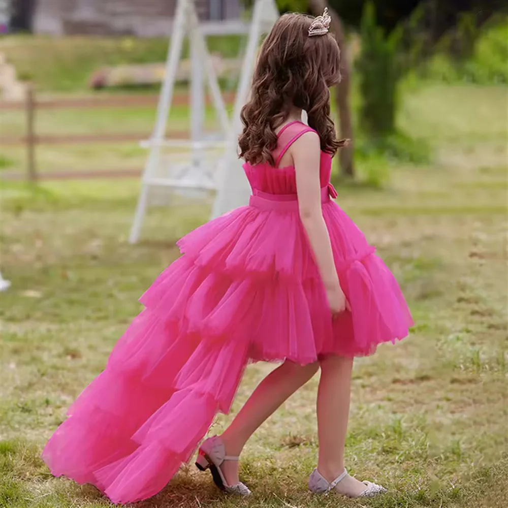 Elegant Flower Girl Wedding Dress Sleeveless Bow Belt With Trailing Tiered PrincessDress Girls Bridesmaid Birthday Party Gown