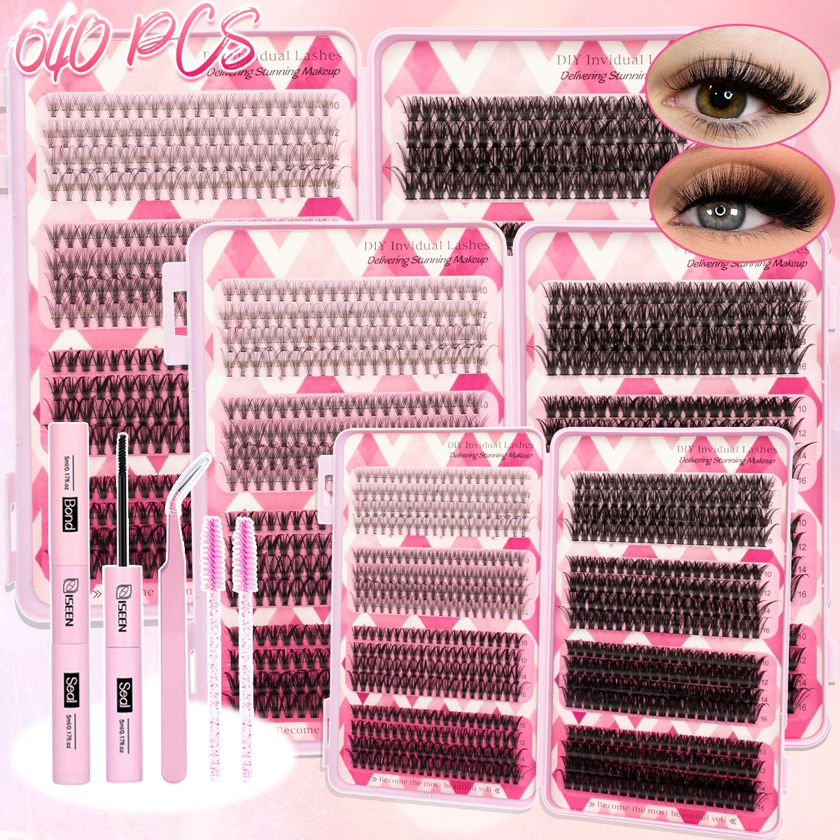 640個入りまつげエクステキット、大容量ラッシュクラスターキット、10～16mm、まつげボンドとシーラー、まつげピンセット付きDIYキット