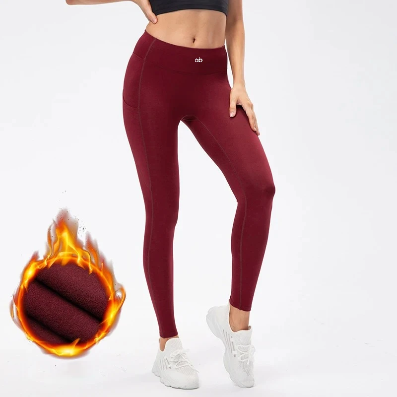 Women Autumn Winter Fleece Lined High Waist Yoga Leggings With Pockets Warm Stretchy Slim Fit Running Gym Fitness Sports Tights