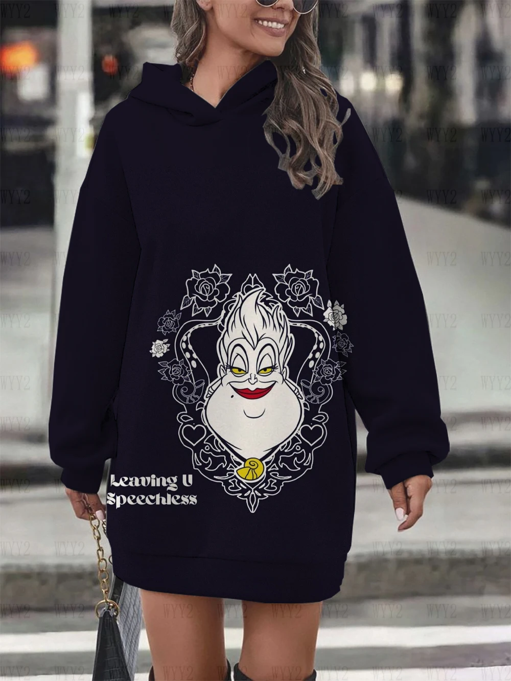 Schlafender Teufel Lustiger Aufdruck Herbst und Winter Einfache Langarm-Kapuzenpullover Disney Damen Lose Langarm-Pulloverkleid