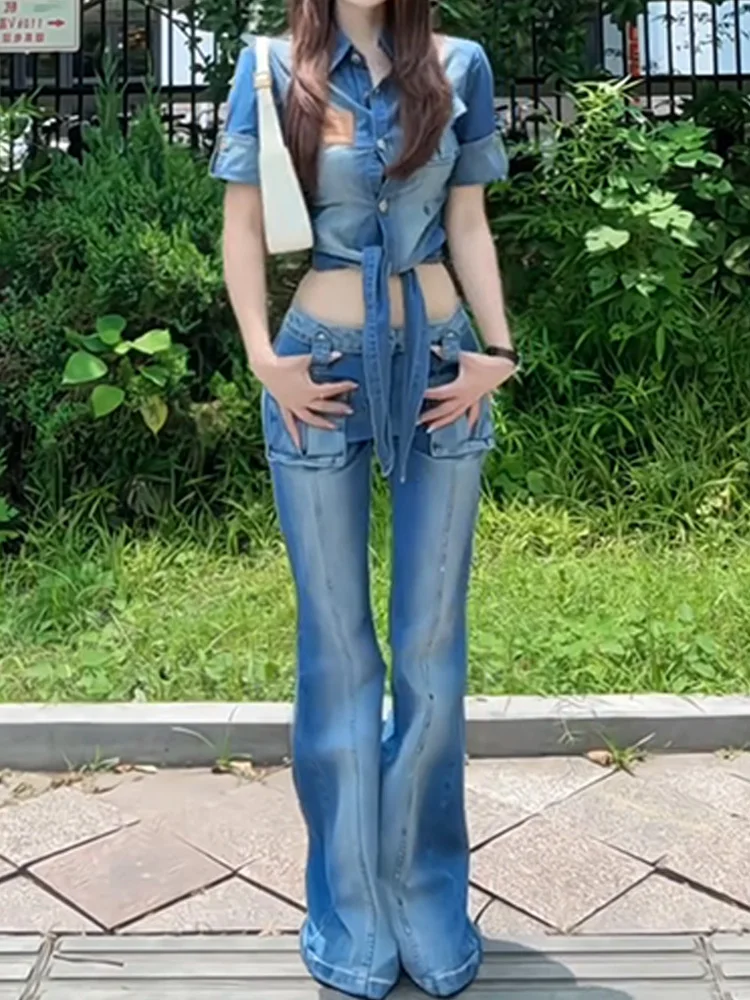 

Ретро-комплект в американском стиле: джинсовые расклешенные брюки и укороченный топ для женщин, ранняя весна, модный комплект с эффектом похудения на талии