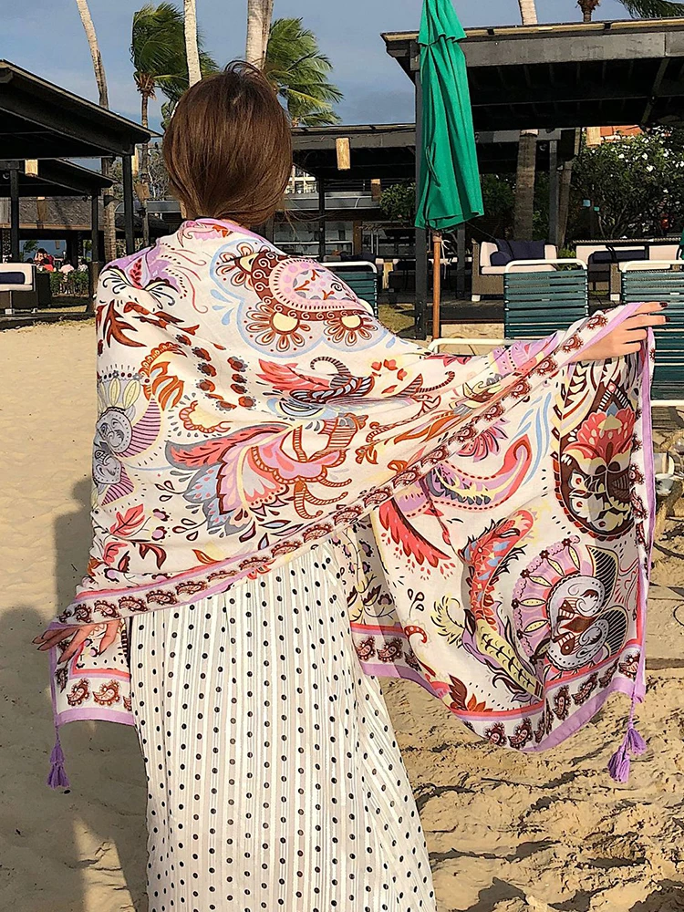 Summer Satin Hijab Women Silk Scarf Boho Floral Print Wrap Shawl Mujer Bandana Sarong Beach Vacation Pareo Bufanda Foulard Stole