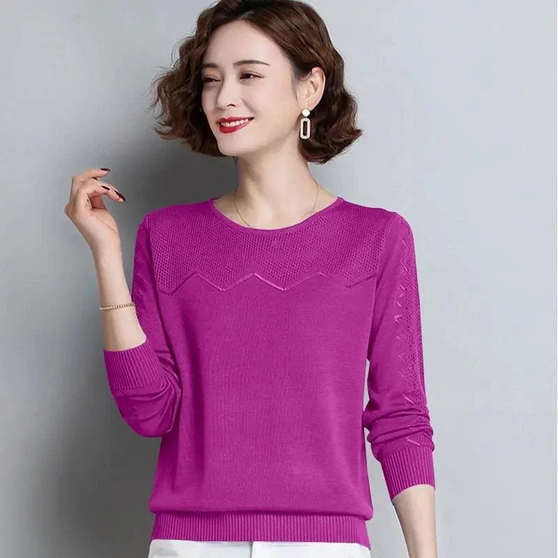 Hollow Out Women\'s Spring Autumn Coat Long Sleeves 2022 New Pullover Crew Neck Knitted Female Top Loose Fashion Primer Shirt