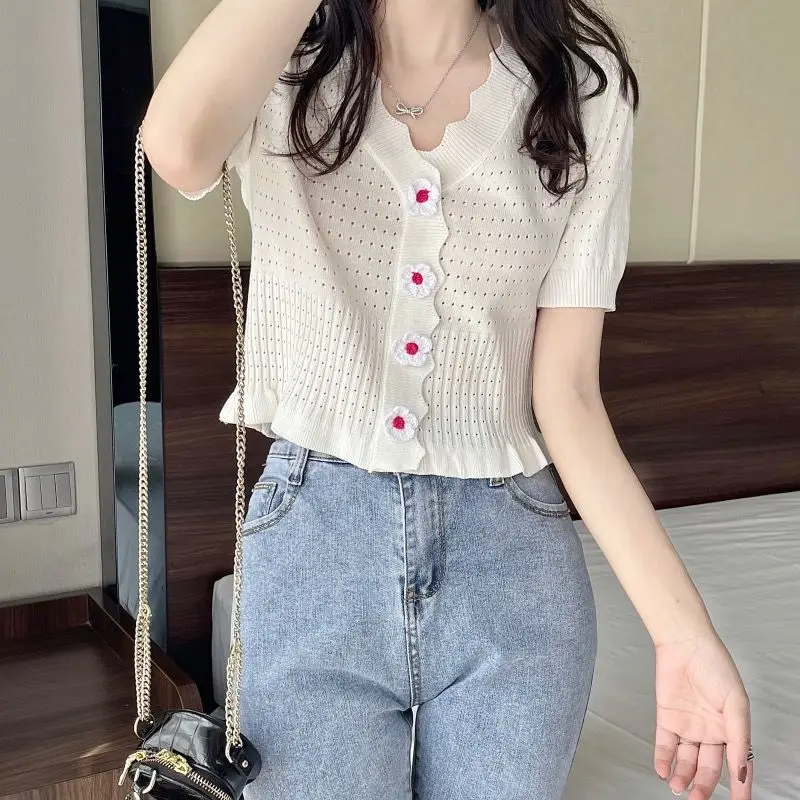 Short Sleeve KnittingFemale Summer 2024 New Hollow Out V-neck Cardigan Top Tee Women Clothing Sweet Pleated Slim Ruffles Coat