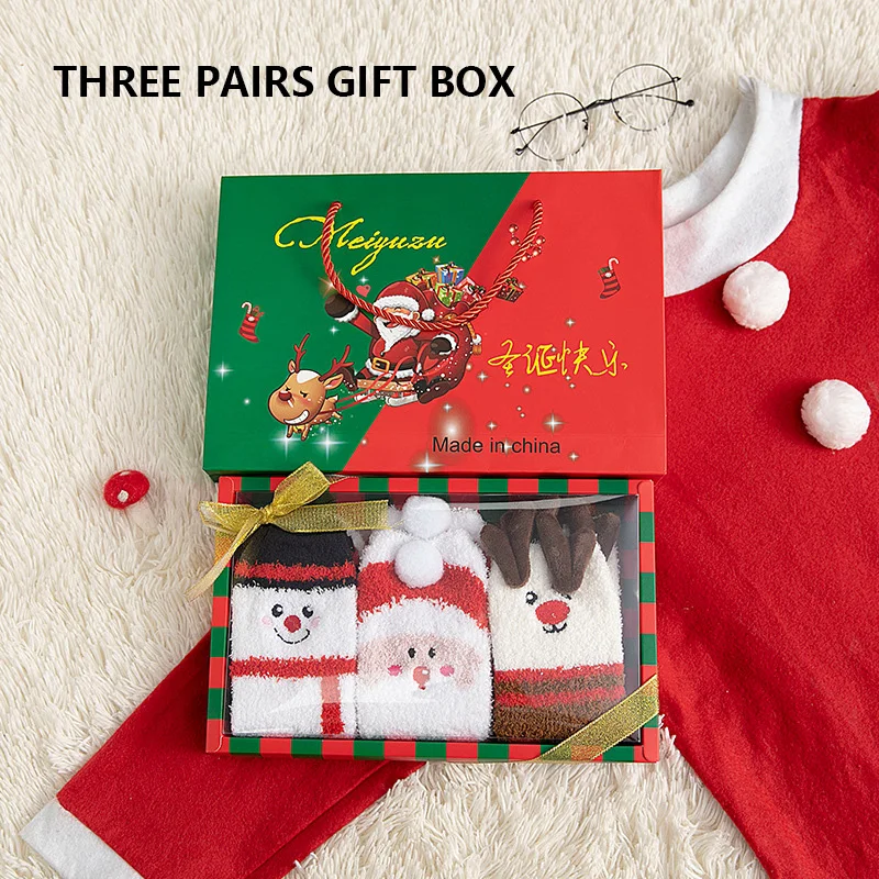 Christmas socks Autumn winter cartoon family Christmas socks gift box with coral velvet socks and velvet warm mid-tube floor soc