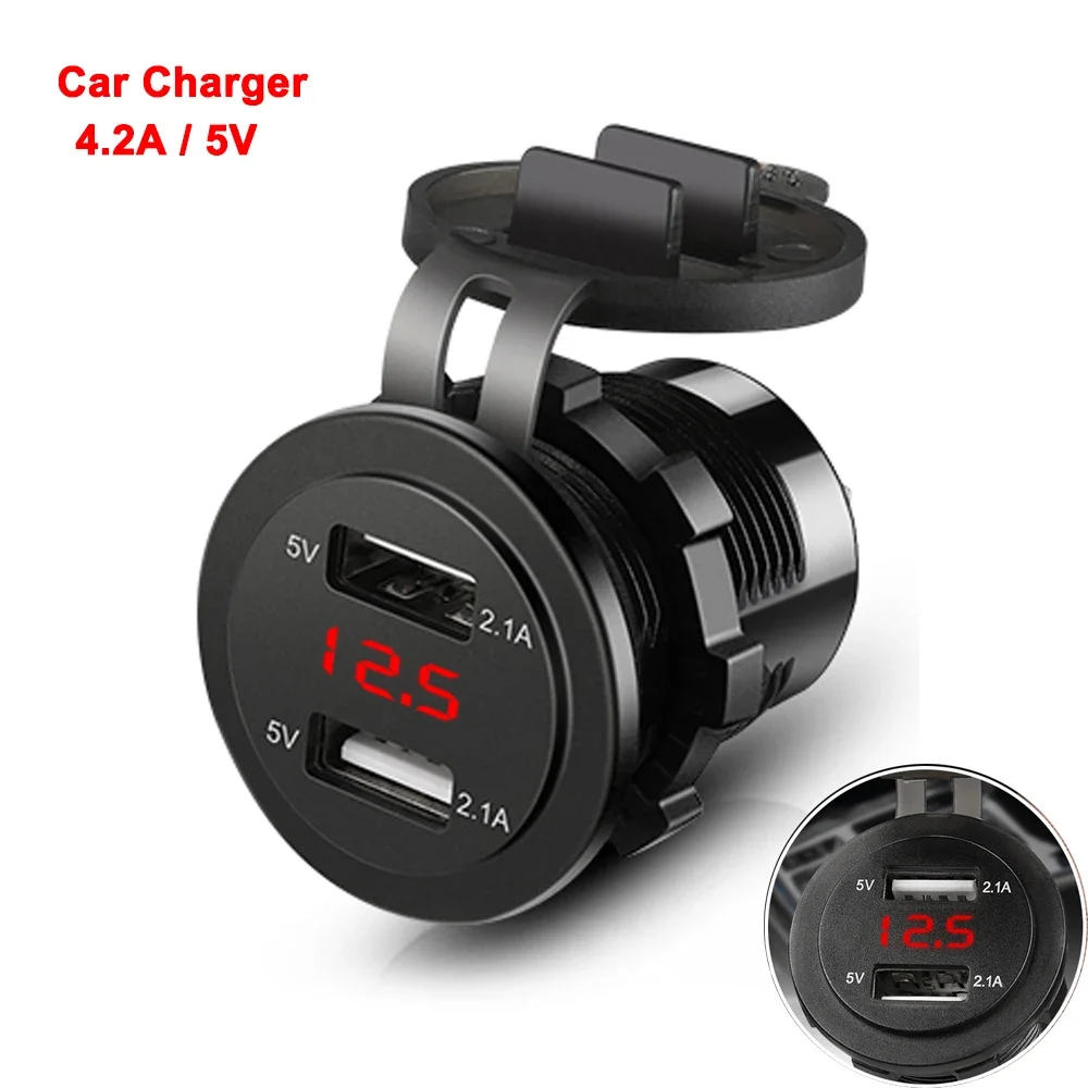 Dual USB Car Charger 12V-24V 4.2A Car Cigarette Lighter Motorcycle Fast Charging with LED Voltmeter for Mobile Phone Charger