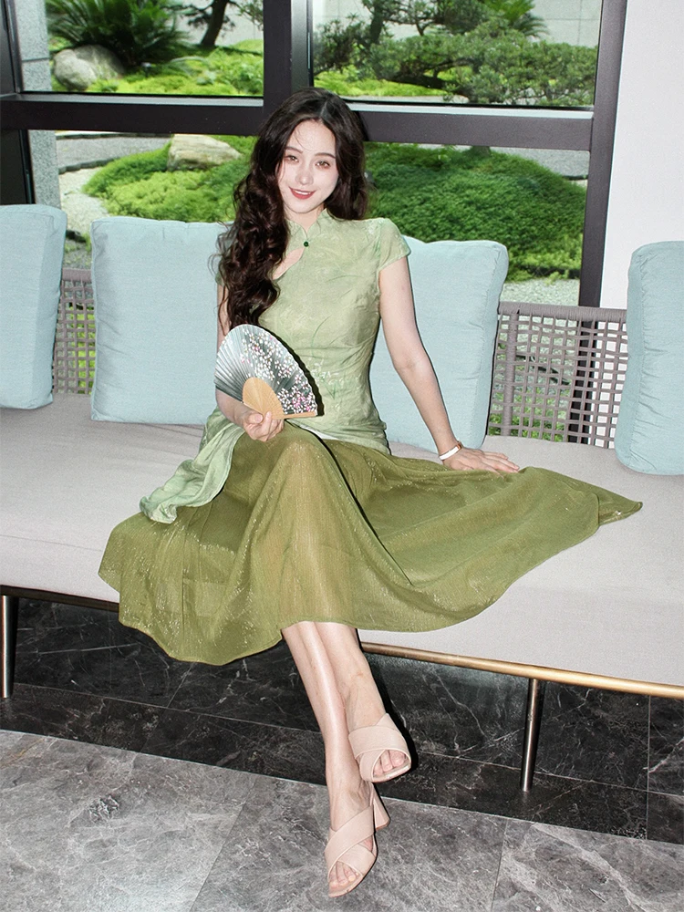 

Elegant Qing Cold New Chinese Style Women's Dress Daily Wear Short Sleeve Floral Patterned Mid-Length Qipao Retro Style