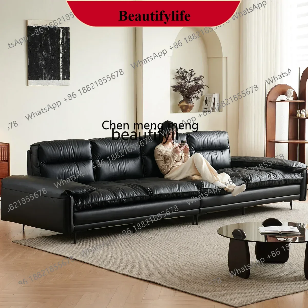 

D178 H Italian minimalist adjustable backrest super deep sitting wide silicone leather living room retro light luxury sofa