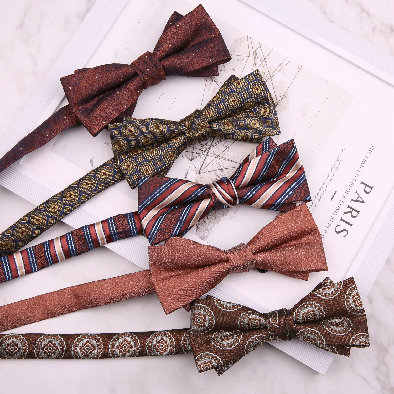 Classic Versatile 6*12CM Wine Coffee Brown Geometric Striped Flower Polyester Double-layer Bowtie for Man Wedding Necktie