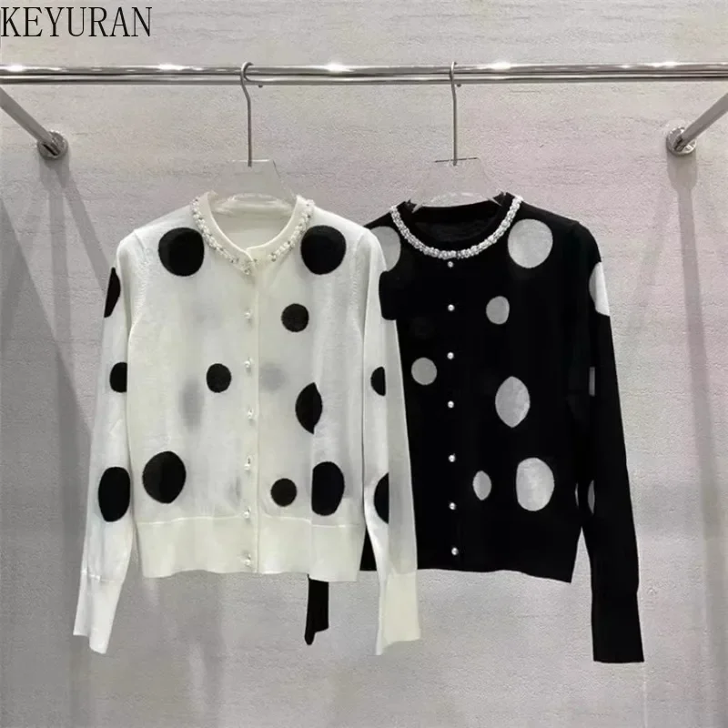 Peals Beading Polka Dot Jacquard Knitted Cardigan Sweater Women's Vintage Fashion O-Neck Long Sleeve Slim Knitwear Tops Ladies